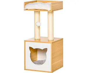 PawHut Árbol para Gatos de Madera de 2 Niveles con Cueva Cama Superior Postes Rascadores de Sisal